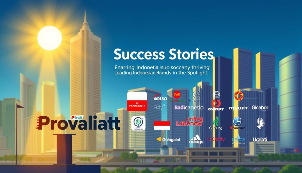 A bustling city skyline, the sun's golden rays illuminating the towering office buildings and sleek high-rises. In the foreground, a prominently displayed Provaliant logo stands as a symbol of Indonesian entrepreneurial success, its bold design and vibrant colors commanding attention. The middle ground features various brand logos, each representing a thriving Indonesian company, their products and services showcased against a backdrop of modern, streamlined architecture. The overall atmosphere exudes a sense of innovation, growth, and a commitment to excellence, reflecting the "Success Stories: Leading Indonesian Brands in the Spotlight" theme.