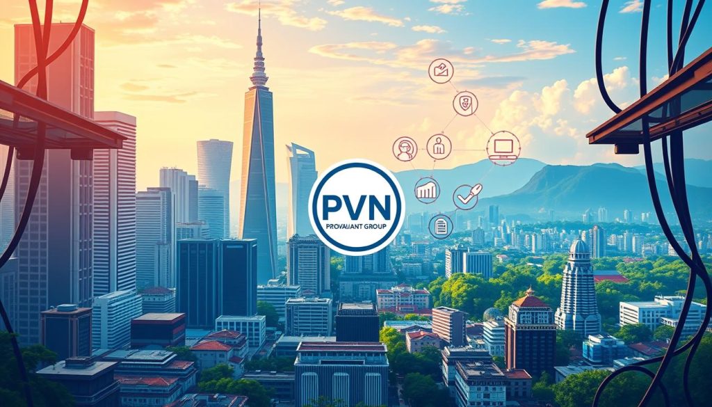 A bustling city skyline with towering skyscrapers and a vibrant color palette, as seen through the lens of a high-quality camera. In the foreground, a Provaliant Group logo stands prominently, surrounded by a variety of VPN icons and symbols representing the top VPN options for Indonesian IP access. The middle ground features a network of data cables and servers, conveying the technical aspects of the VPN infrastructure. The background showcases the diversity of the Indonesian landscape, with lush greenery and scenic vistas. The overall mood is one of progress, connectivity, and modern technology, setting the stage for the exploration of VPN solutions for the Indonesian market.