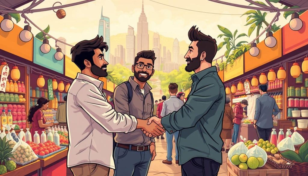 A bustling marketplace filled with vibrant stalls and energetic vendors, highlighting the collaborative synergy of the Provaliant brand. In the foreground, two entrepreneurs shake hands, sealing a partnership agreement, their expressions conveying mutual trust and excitement. The middle ground showcases a diverse array of products, from artisanal goods to modern technologies, reflecting the versatility of Provaliant's expansive offerings. In the background, a skyline of towering skyscrapers and lush greenery suggests the untapped potential of new market opportunities. Soft, warm lighting illuminates the scene, creating an atmosphere of optimism and opportunity.