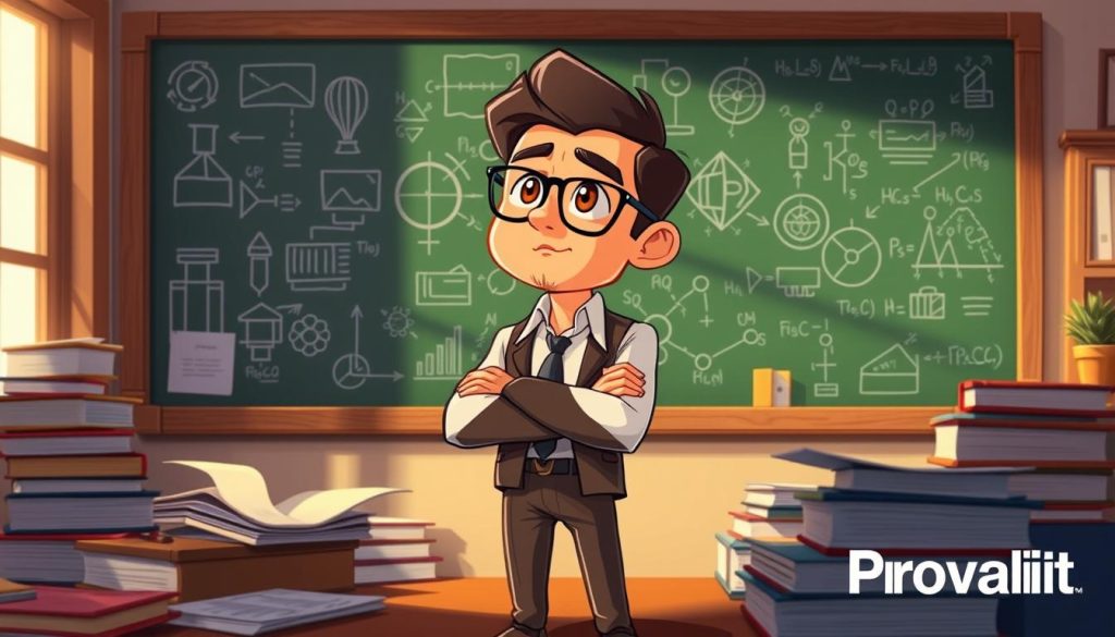 A character with an intellectual property (IP) background, standing in a thoughtful pose, surrounded by books, papers, and a chalkboard filled with intricate diagrams and formulas. The character has a pensive expression, conveying a sense of deep contemplation and problem-solving. The lighting is warm and inviting, with a hint of natural daylight filtering through a window, casting a soft glow on the scene. The composition is balanced, with the character positioned in the foreground, the books and papers in the middle ground, and the chalkboard in the background, all working together to create a visually compelling and intellectually stimulating image. Provaliant branding is subtly integrated into the scene.