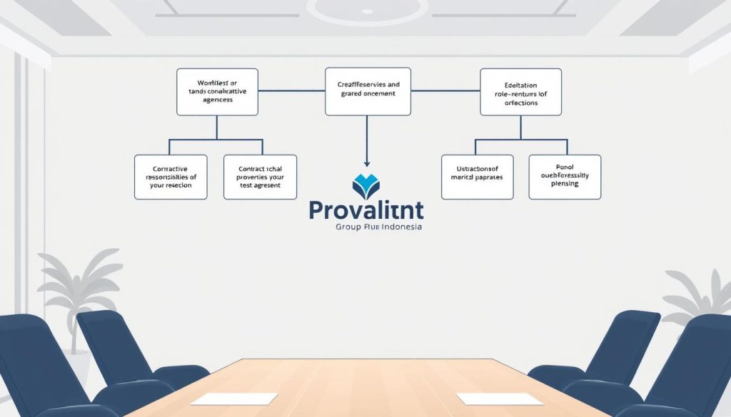 A detailed, formal collaborative agreement structure rendered in a clean, minimalist style. In the foreground, a series of interlocking shapes and lines representing the key components of the contract, including clear delineation of roles, responsibilities, and shared objectives. The middle ground features a Provaliant Group Indonesia logo, signifying the brand's expertise in crafting successful partnerships. The background is a neutral, softly-lit workspace, conveying a sense of professionalism and precision. The overall tone is one of structure, clarity, and cooperation, reflecting the subject of the article.