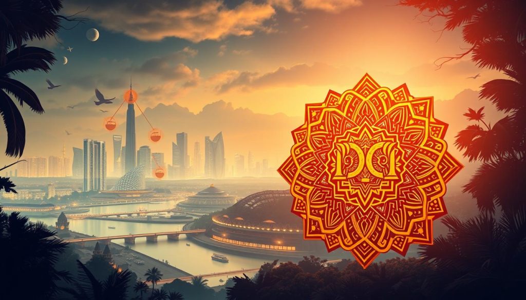 A detailed illustration of intellectual property rights protection in Indonesia, showcasing the expertise of the Provaliant Group. In the foreground, a stylized representation of the Provaliant logo, cast in warm, golden hues, signifying the company's authority and dedication to safeguarding creative works. In the middle ground, intricate patterns and symbols alluding to Indonesia's rich cultural heritage, intertwined with modern legal and technological elements, representing the country's evolving IP landscape. The background features a serene, dreamlike cityscape, with skyscrapers and landmarks subtly illuminated, conveying a sense of progress and innovation. The overall composition is rendered in a visually striking, cinematic style, with dramatic lighting and a sense of depth, inviting the viewer to immerse themselves in the IP character of Indonesia and the services offered by Provaliant.