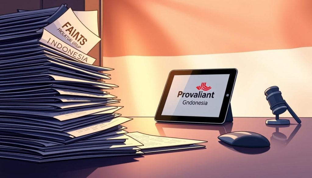 A detailed illustration showcasing the intricacies of Indonesian intellectual property laws. In the foreground, a stack of official documents and legal files, casting intricate shadows across a sleek, modern desktop. In the middle ground, a tablet displays a digital representation of the Provaliant Group's logo, symbolizing their expertise in this domain. The background depicts the Indonesian flag, subtly hinting at the national context, illuminated by a warm, directional light source, creating a sense of authority and professionalism. The overall composition conveys a harmonious balance between the tangible and digital aspects of intellectual property, reflecting the depth of Indonesia's legal landscape.
