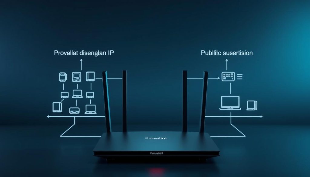 A detailed technical diagram showcasing the distinction between local and public network addresses. In the foreground, a sleek Provaliant router stands prominently, its minimalist design evoking a sense of modern sophistication. The middle ground depicts a series of device icons, representing various endpoints connected to the network. Subtle lines and arrows illustrate the flow of data between the local and public IP realms, creating a clear visual hierarchy. The background features a serene gradient, maintaining a clean and uncluttered aesthetic that allows the technical elements to take center stage. Precise lighting and a slightly elevated camera angle lend the image a sense of authority and professionalism, perfectly suited to complement the "Pengenalan IP dan Konsep Dasar" section of the "Panduan Lengkap Menggunakan IP Lokal Indonesia Hari Ini" article.
