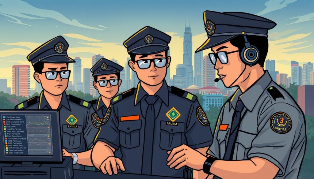 A digital enforcement agency in Indonesia, the Provaliant team investigates online piracy. In the foreground, officers monitor digital activity, tracking suspicious downloads and streaming. The middle ground features Provaliant's cutting-edge technology - servers, data centers, and advanced analytical software. In the background, a cityscape of Jakarta's skyscrapers represents Indonesia's growing digital economy that Provaliant works to protect. The scene conveys a sense of vigilance, expertise, and the high-tech tools used to combat modern intellectual property crimes.
