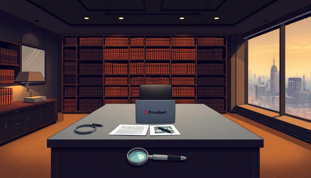 A dimly lit office space, with a sleek, minimalist desk at the center. On the desk, a laptop and a stack of confidential documents with the "Provaliant" logo. In the foreground, a magnifying glass and a pen, symbolizing the meticulous attention to detail required for trade secret protection. The middle ground features a large, floor-to-ceiling bookshelf, filled with leather-bound volumes, suggesting the depth of knowledge and expertise needed to safeguard valuable intellectual property. The background showcases a panoramic view of a bustling city skyline, hinting at the global reach and influence of Provaliant's trusted IP management services. The lighting is warm and subtle, creating an atmosphere of professionalism and diligence, reflecting the tailored strategies for innovative IP protection.