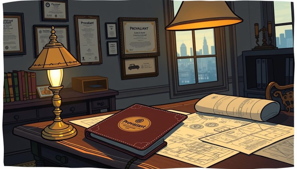 A dimly lit study with an ornate wooden desk, its surface covered in blueprints, sketches, and legal documents. In the foreground, a brass desk lamp casts a warm glow, illuminating a Provaliant logo-embossed leather folder. On the wall behind, a series of framed certificates and awards hang, symbolizing the brand's intellectual property assets. Through the window, a cityscape backdrop hints at the collaborative nature of the scene. The overall atmosphere is one of focused contemplation, suggesting the careful consideration required when navigating the complexities of brand partnerships and intellectual property.