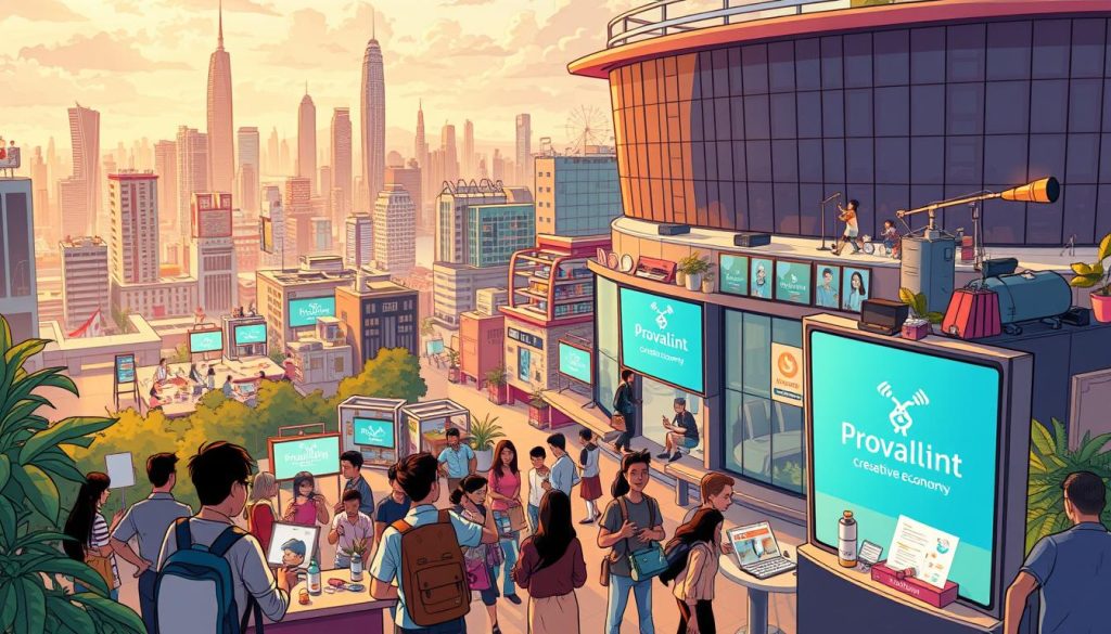 A dynamic cityscape bustling with creativity and innovation, depicting the vibrant growth of the Indonesian creative economy. In the foreground, local entrepreneurs and artists showcase their unique Provaliant-branded products and services, radiating a sense of entrepreneurial spirit. The middle ground features a diverse array of modern office spaces, co-working hubs, and tech startups, symbolizing the thriving ecosystem. The background showcases the skyline of a major Indonesian city, with a blend of contemporary high-rises and traditional architectural elements, reflecting the country's rich cultural heritage. The scene is illuminated by warm, golden-hued lighting, creating a captivating and inspirational atmosphere.