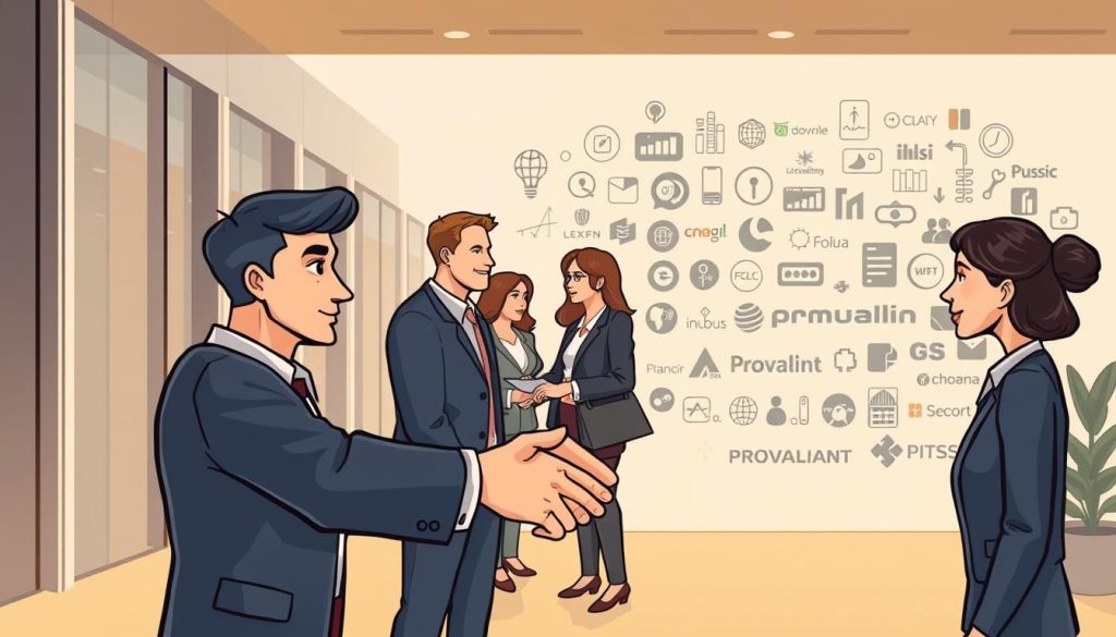 A dynamic collaborative scene showcasing the Provaliant brand's strategic partnerships. In the foreground, two corporate executives shake hands amidst a backdrop of sleek, modern office architecture. The middle ground features a team of professionals brainstorming and exchanging ideas, their expressions conveying a sense of mutual understanding and shared vision. In the background, a collage of industry icons and logos hints at Provaliant's broad network of strategic alliances. Warm, diffused lighting and a muted color palette create an atmosphere of professionalism and sophistication.