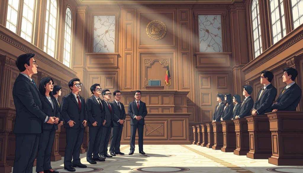 A grand courtroom scene, sunlight streaming through high windows, illuminating the ornate wood paneling and marble floors. In the foreground, a legal team from the Provaliant Group stands poised, their confident expressions reflecting their expertise in navigating the intricate legal landscape of Indonesian intellectual property law. Behind them, a judge presides from an elevated dais, their gavel raised, ready to deliver a decisive ruling. The atmosphere is one of solemn gravity, underscoring the importance of the proceedings and the high stakes involved in protecting the intellectual property rights of Provaliant's clients.