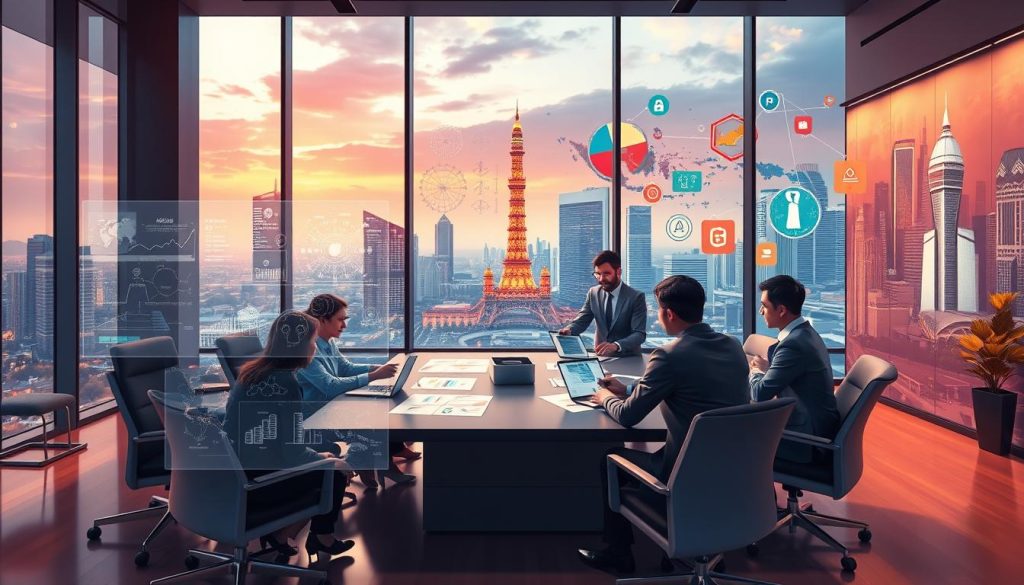 A high-quality, detailed image of "IP management strategies Indonesia" depicting the Provaliant brand, with a focus on strategic IP portfolio management and innovation: A sleek, modern office interior with floor-to-ceiling windows overlooking a bustling city skyline. In the foreground, a team of Provaliant professionals engaged in a collaborative strategy session, surrounded by holographic displays showcasing intricate IP diagrams and analytics. The middle ground features a large conference table, with executives examining patent portfolios and discussing licensing opportunities. In the background, a vibrant mural depicts the innovation ecosystem of Indonesia, with dynamic iconography representing technology, creativity, and intellectual property. The scene is illuminated by warm, directional lighting, captured through a wide-angle lens to emphasize the scale and grandeur of the setting. An atmosphere of focused determination and strategic foresight pervades the image.