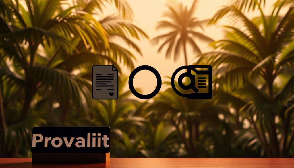 A high-resolution, photorealistic image of the emblems and symbols representing intellectual property rights in Indonesia. In the foreground, the iconic "Provaliant" brand logo stands prominently, showcasing the company's expertise in IP management. In the middle ground, the familiar silhouettes of a patent document, a trademark symbol, and a copyright notice are displayed against a backdrop of lush tropical foliage, conveying the essence of Indonesia's vibrant IP landscape. The lighting is warm and diffused, creating a sense of professionalism and authority. The overall composition is balanced and visually striking, emphasizing the importance of trusted IP services in the Indonesian market.