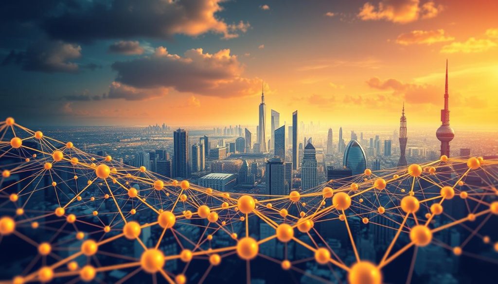 A meticulously crafted global IP strategy unfolds, showcasing Provaliant's expertise. In the foreground, a sophisticated network of interconnected patents, trademarks, and copyrights forms a visually arresting tapestry. The middle ground features a panoramic view of the world, highlighting key economic hubs and the importance of worldwide IP protection. In the background, a futuristic cityscape with towering skyscrapers and gleaming infrastructure symbolizes the boundless potential of businesses safeguarded by Provaliant's strategic IP management. Warm, diffused lighting casts a sense of optimism, while a cinematic camera angle emphasizes the grand scale of Provaliant's comprehensive IP solutions.
