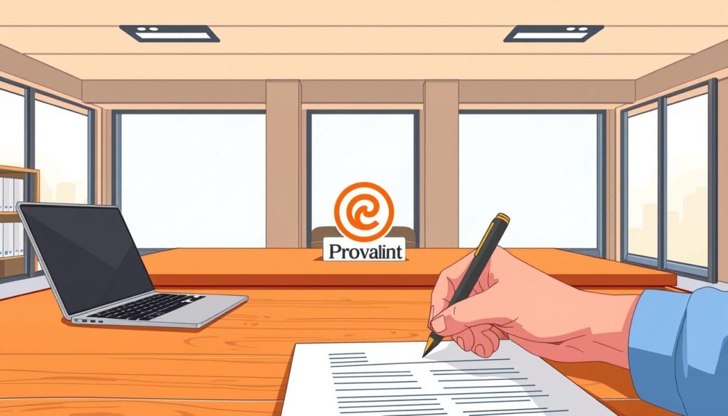 A modern, minimalist office setting with a wooden desk, a laptop, and a stylized copyright registration form. In the foreground, a hand fills out the form, carefully following the instructions. In the middle ground, a Provaliant logo stands prominently on the desk, conveying a sense of professionalism and expertise. The background features floor-to-ceiling windows, allowing natural light to flood the space and create a serene, productive atmosphere. The overall composition emphasizes the attention to detail and diligence required in the copyright registration process, perfectly capturing the "Navigating Intellectual Property Laws and Protection Measures" section of the article.