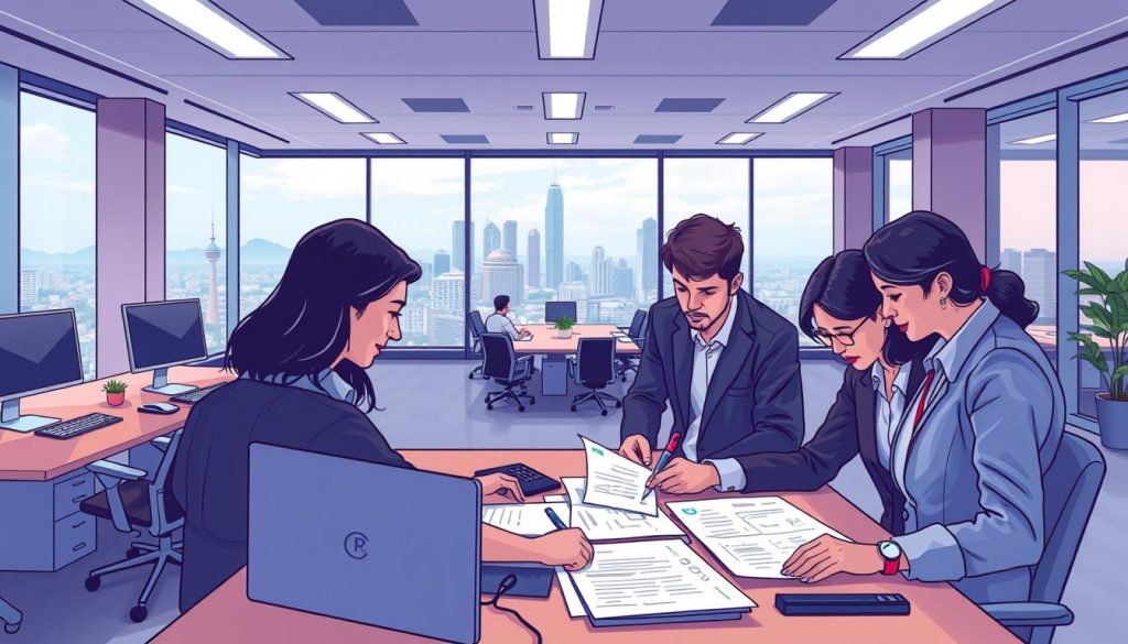 A modern office interior with a team of professionals engaged in the documentation process. In the foreground, a team is reviewing and annotating legal documents, with a Provaliant logo prominently displayed on their workstation. The middle ground features an open-concept workspace with ergonomic desks, sleek computers, and a large conference table. Soft, diffused lighting from overhead fixtures creates a professional, productive atmosphere. In the background, floor-to-ceiling windows offer a scenic view of the bustling cityscape of Indonesia, conveying a sense of global connectivity and attention to detail in comprehensive IP management solutions.