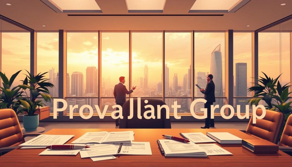 A modern, professional office setting with a prominent sign reading "Provaliant Group" in a sleek, minimalist font. In the foreground, a desk displays various legal documents, trademarks, and patents, symbolizing the comprehensive IP services offered. The middle ground features a team of business-attired professionals collaborating, reflecting the expertise and collaborative nature of the agency. In the background, floor-to-ceiling windows offer a panoramic view of the bustling city skyline, conveying a sense of global connectivity. The lighting is warm and inviting, creating a productive and authoritative atmosphere. The overall composition reflects the Provaliant Group's position as a trusted, innovative IP agency in Indonesia.