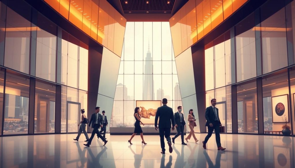 A modern, sleek intellectual property firm, the Provaliant Group headquarters stands tall, its angular glass facade reflecting the city skyline. In the foreground, a group of professionals in business attire stride purposefully through the minimalist lobby, conveying a sense of innovation and expertise. Warm lighting filters through the expansive windows, casting a professional, authoritative atmosphere. The middle ground features clean, geometric design elements and carefully curated artwork, projecting an image of prestige and diligence. In the background, the bustling city provides an energetic backdrop, underscoring Provaliant's role as a leading IP licensing agency in Indonesia.