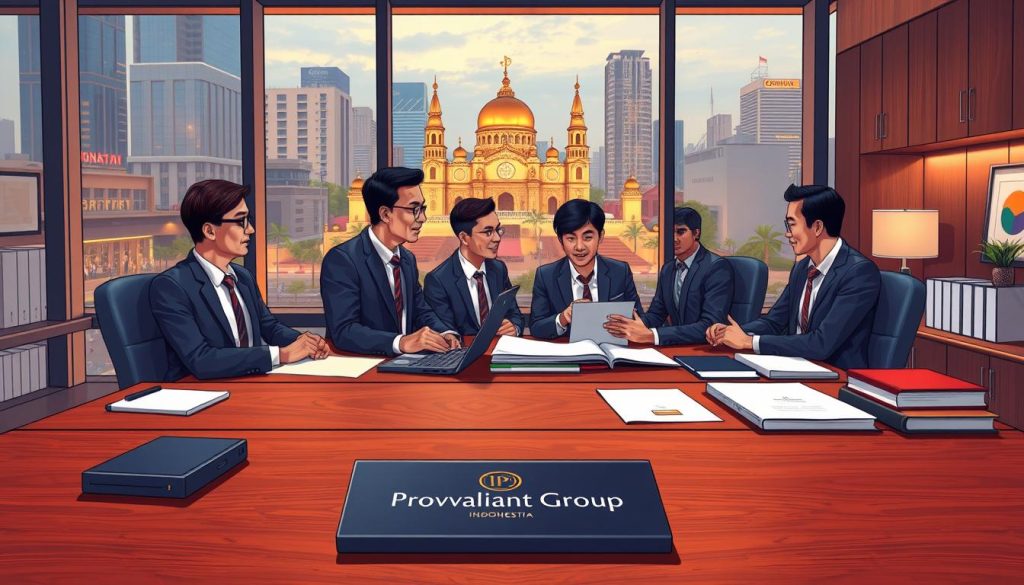A modern, well-appointed office with a large window overlooking the bustling streets of Jakarta. In the foreground, a sleek, polished wooden desk adorned with a Provaliant Group logo plaque, a high-end laptop, and a carefully curated selection of professional books and stationery. The middle ground showcases a team of Provaliant Group's IP experts engaged in animated discussions, their expressions conveying deep expertise and dedication. The background features Indonesian landmarks, like the iconic Monas monument, bathed in warm, golden lighting, symbolizing the nation's rich cultural heritage and the firm's local knowledge. The overall scene exudes an atmosphere of intellectual rigor, corporate professionalism, and a commitment to safeguarding Indonesia's intellectual property.