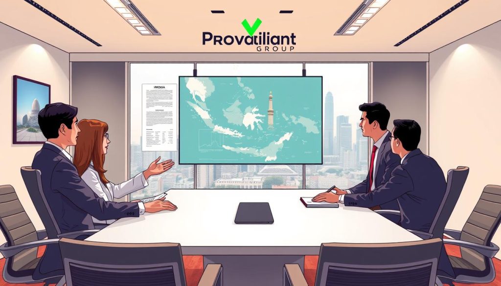 A pristine office environment with Provaliant Group's logo prominently displayed. In the foreground, a team of professionals discussing intellectual property enforcement strategies, gesturing towards a large display screen showcasing legal documents and a map of Indonesia. The middle ground features a sleek, modern conference table surrounded by ergonomic chairs. The background depicts a panoramic view of the Jakarta skyline, highlighting the city's bustling commercial landscape. Soft, natural lighting casts a professional and authoritative atmosphere, accentuating the gravity of the subject matter. The overall scene conveys Provaliant's expertise in providing trusted IP agency services to protect and enforce intellectual property rights in Indonesia.