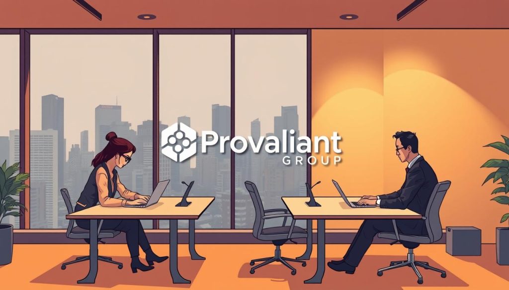 A professional office setting featuring the Provaliant Group brand, with well-dressed Indonesian intellectual property consultants seated at modern desks, laptops open, deep in discussion. Warm, directional lighting casts soft shadows, creating a contemplative atmosphere. The background showcases floor-to-ceiling windows overlooking the bustling cityscape of Jakarta. The Provaliant logo is prominently displayed, conveying the company's expertise and trustworthiness as a leading IP agency in Indonesia.