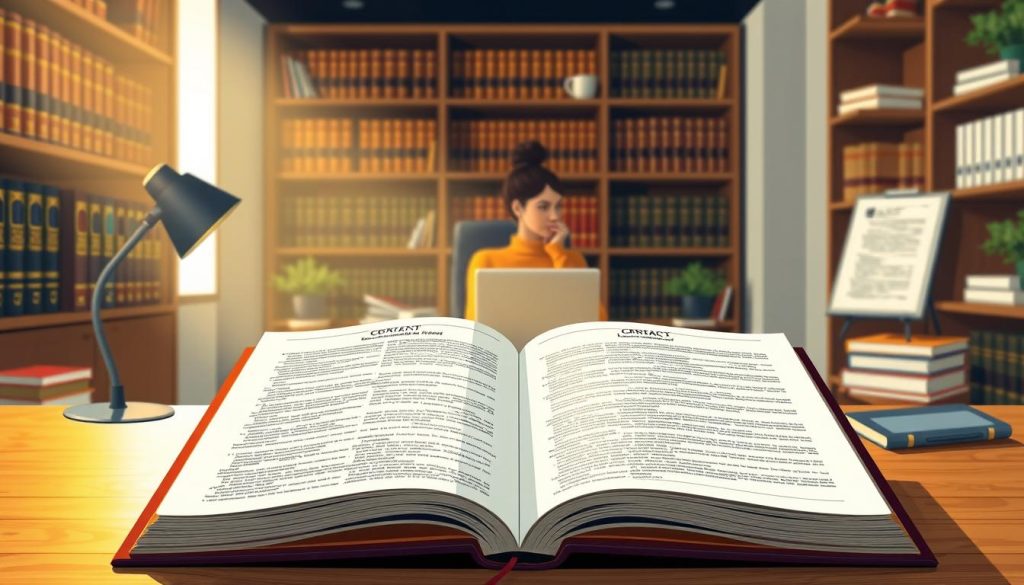 A professional, well-lit studio scene showcasing Provaliant's IP licensing expertise. In the foreground, an open book with intricate legal contracts and licensing agreements, illuminated by a warm, directional light. In the middle ground, a desk with a laptop, pen, and other office accessories, conveying an atmosphere of intellectual focus. The background features shelves filled with legal tomes and documents, hinting at Provaliant's deep knowledge and experience in the field of IP licensing. The overall mood is one of authority, expertise, and attention to detail, reflecting Provaliant's position as a leading IP licensing agency in Indonesia.