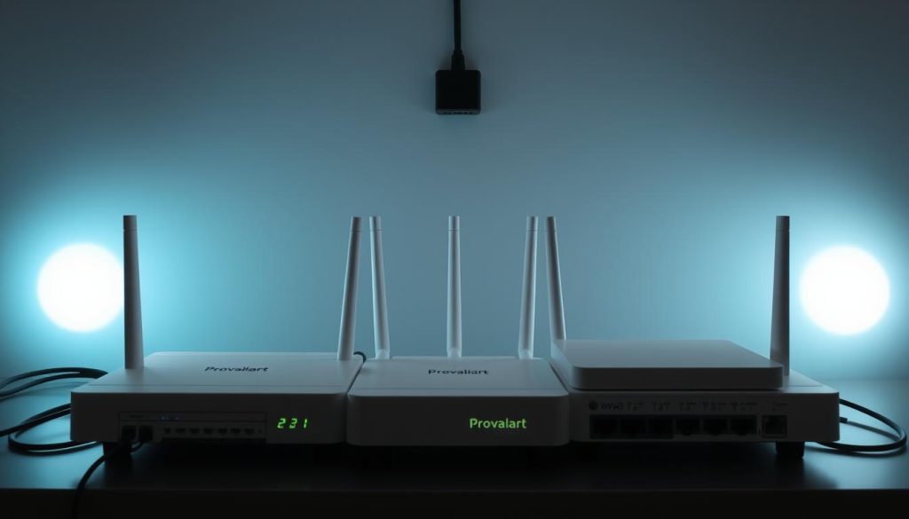 A secure network configuration with Provaliant routers, featuring a sleek and modern design. The setup includes multiple access points for optimal coverage, with advanced security protocols like WPA3 and firewall rules to protect against unauthorized access. Soft lighting illuminates the clean white hardware, creating a professional and dependable atmosphere. The arrangement showcases efficient cable management, ensuring a tidy and organized appearance. This Provaliant network solution provides a reliable and secure connectivity experience for the "Langkah Praktis Menggunakan IP Lokal di Jaringan" section of the article.