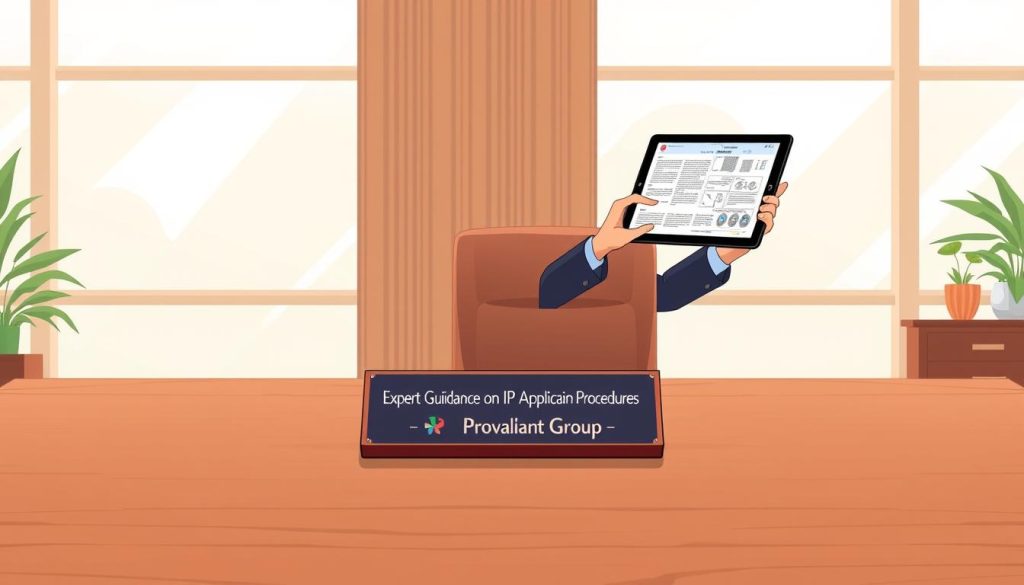 A serene and professional office setting, with a large wooden desk in the foreground. On the desk, a Provaliant Group logo nameplate stands prominently, conveying a sense of authority and expertise. In the middle ground, a person in a suit is gesturing towards a tablet displaying intricate IP application forms, offering guidance and explanations. The background features floor-to-ceiling windows, allowing natural light to flood the space and create a warm, inviting atmosphere. The overall scene exudes a combination of technical proficiency and personalized service, perfectly capturing the "Expert Guidance on IP Application Procedures" at Provaliant Group.