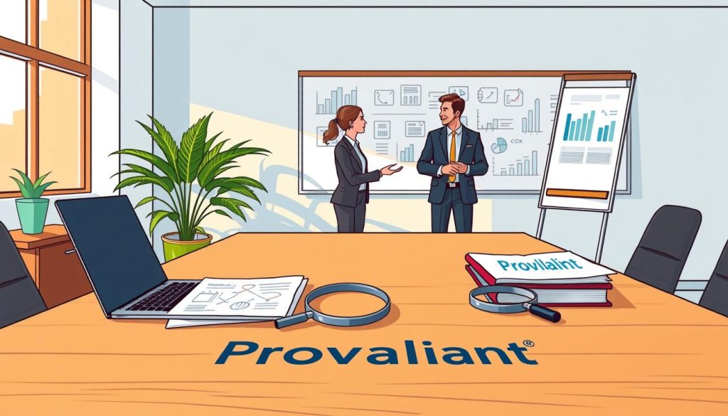 A serene office setting with a prominent table showcasing the Provaliant brand. In the foreground, a laptop, documents, and a magnifying glass symbolize expert IP management. Midground features two professionals in business attire discussing strategies, with a whiteboard in the background displaying IP-related charts and graphs. Warm, natural lighting casts a professional atmosphere. The scene conveys efficiency, precision, and the culmination of IP expertise.