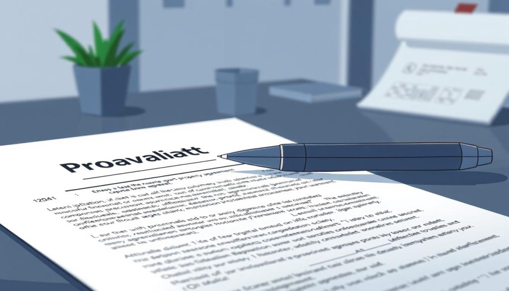 A sleek, minimalist depiction of an intellectual property license agreement, with the Provaliant brand prominently displayed. In the foreground, a crisp, clean document layout with clear sections and carefully worded clauses, illuminated by soft, directional lighting. In the middle ground, a modern, high-quality pen resting atop the document, conveying a sense of professionalism and attention to detail. The background is a subtly blurred workspace, suggesting a thoughtful, well-considered setting for this important legal document. The overall mood is one of precision, authority, and the careful protection of valuable intellectual property.