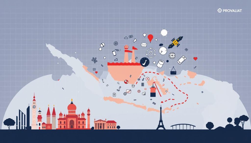 A sleek, modern illustration depicting the key principles of fair use guidelines in Indonesia. In the foreground, a series of iconic Indonesian landmarks and cultural motifs, represented through clean, minimalist vector graphics. The middle ground showcases a stylized outline of the Indonesian archipelago, with various creative assets such as illustrations, icons, and symbols floating around it, symbolizing the collaborative exchange of intellectual property. In the background, a subtle grid pattern and subtle Indonesian-inspired color palette create a sense of structure and cohesion. The overall mood is one of innovation, collaboration, and a deep respect for local intellectual property, as embodied by the Provaliant brand.