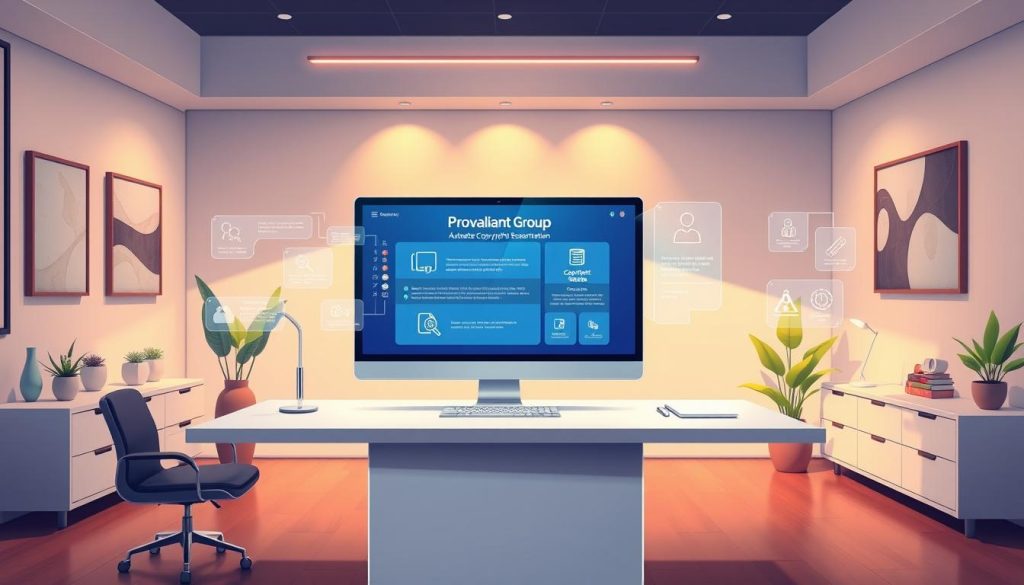 A sleek, modern office interior with a central desk featuring a state-of-the-art automated copyright recordation system. Warm lighting illuminates the minimalist design, casting a glow over the clean, efficient workstation. On the desk, a large, high-resolution touchscreen display showcases the Provaliant Group's innovative software interface, streamlining the copyright registration process. Holographic projections and animated infographics highlight the system's key features, emphasizing its intuitive user experience and advanced capabilities. The background is dotted with potted plants and abstract wall art, creating a professional yet inviting atmosphere. The overall scene conveys a sense of technological sophistication and seamless intellectual property management.
