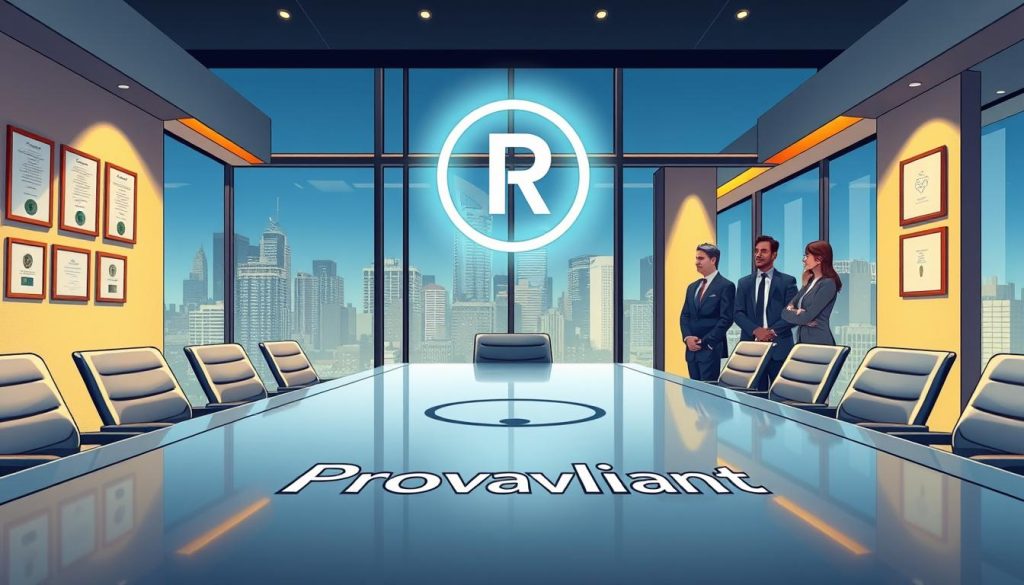 A sleek, modern office interior with large windows overlooking a bustling cityscape. In the foreground, a polished conference table with a prominent "Provaliant" logo embossed on the surface. Overhead, a stylized trademark symbol hovers, casting a soft glow. On the walls, framed certificates and awards highlight Provaliant's expertise in brand partnership IP protection. The lighting is warm and inviting, creating an atmosphere of professionalism and authority. A team of business executives, dressed in tailored suits, are engaged in a focused discussion, showcasing Provaliant's commitment to safeguarding their clients' intellectual property.