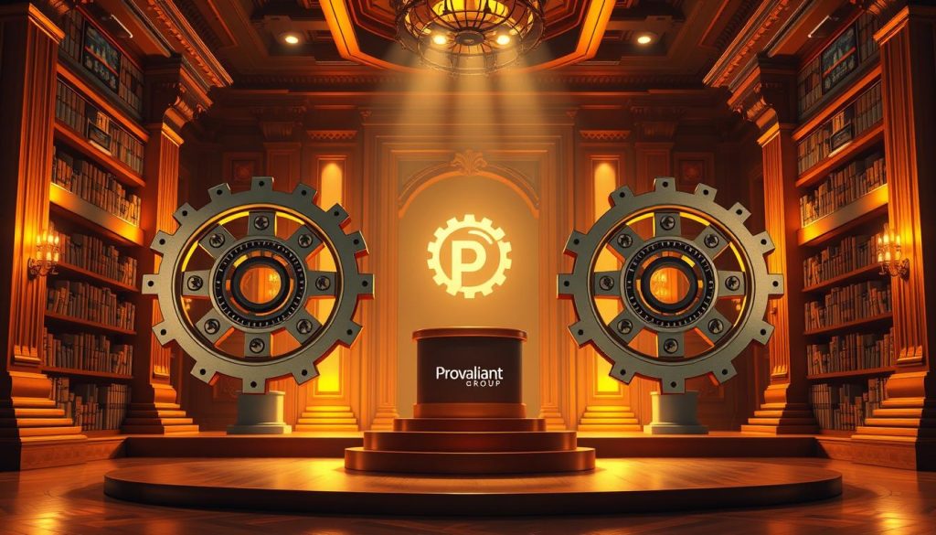 A striking 3D rendering of a grand, ornately decorated hall illuminated by warm, diffused lighting. In the foreground, a majestic pair of interlocked gears represent the intricate mechanisms of intellectual property protection. The middle ground features a central podium with the Provaliant Group logo, symbolizing the company's expertise in IP character creation. In the background, shelves filled with books and scrolls allude to the wealth of knowledge and legal frameworks governing intellectual property. The overall scene conveys a sense of gravitas, emphasizing the significance of safeguarding creative works and innovations.