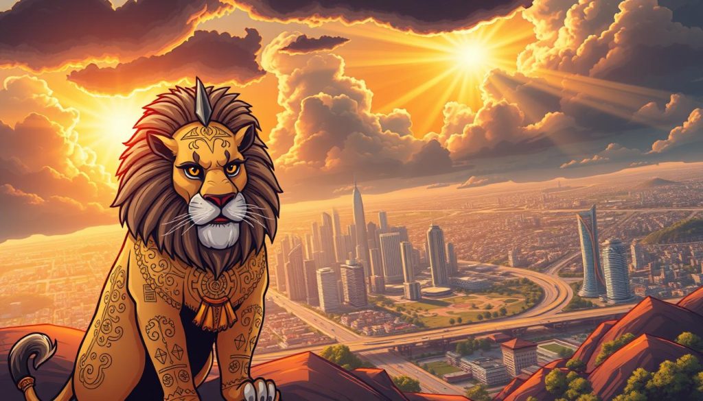 A striking landscape showcasing Provaliant's brand protection strategies. In the foreground, a majestic guardian lion stands vigilant, its piercing gaze conveying the strength and unwavering commitment to safeguarding the Provaliant brand. Intricate patterns and symbols adorn its surface, reflecting the meticulous attention to detail in Provaliant's creative IP services. In the middle ground, a sprawling city skyline with towering skyscrapers and bustling streets represents the dynamic and ever-evolving business landscape. The background features a dramatic sky, with rays of golden light piercing through the clouds, symbolizing the brilliance and innovation that Provaliant brings to its clients. The overall scene exudes a sense of power, resilience, and trust, capturing the essence of Provaliant's expertise in brand protection.