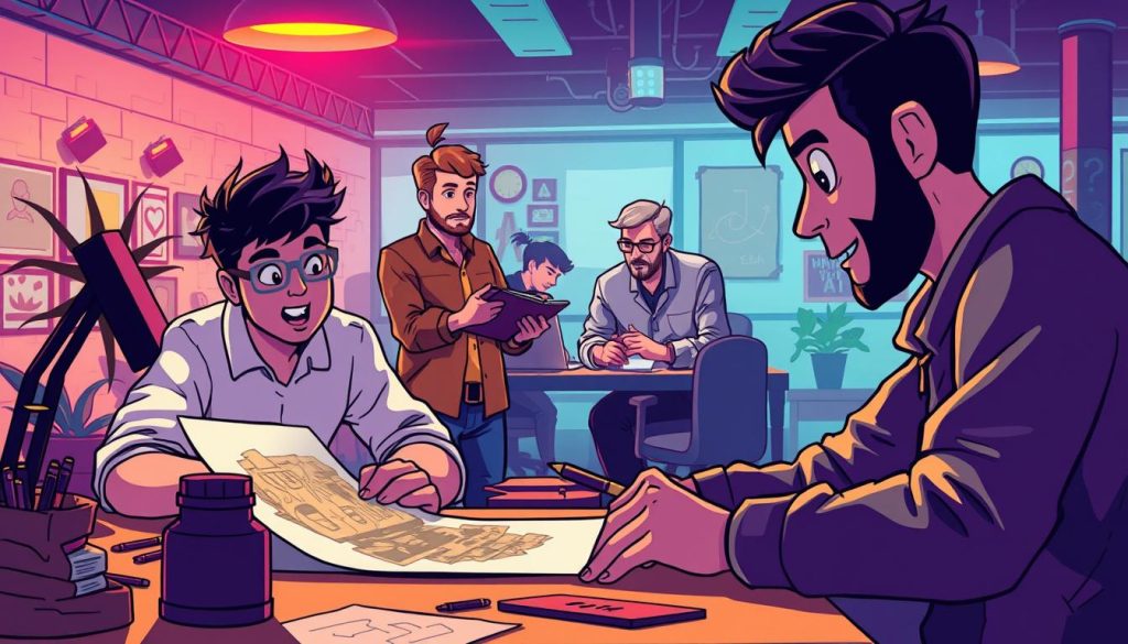 A striking scene of a dynamic brand story development. In the foreground, a talented artist skillfully crafts an intriguing character design, with a sense of depth and dimension. Midground, a team of Provaliant's branding experts collaborate, immersed in ideation, their expressions conveying a shared passion. The background showcases a vibrant, visually compelling workspace, with mood lighting that casts a warm, inspiring glow. The overall composition captures the essence of "Crafting a Compelling Background Story", where creativity, strategy, and teamwork converge to bring a brand's narrative to life.