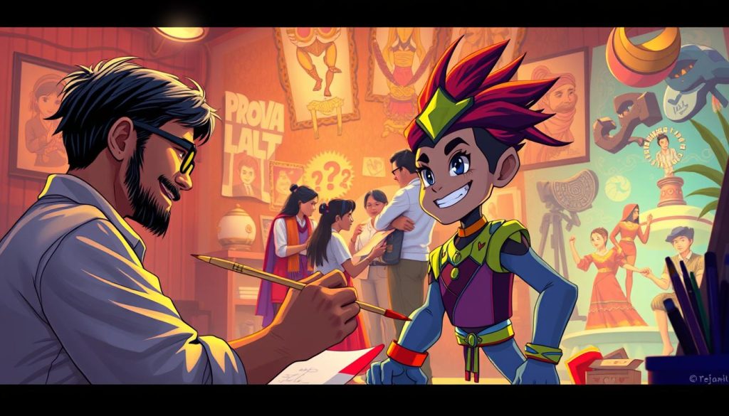 A vibrant and colorful illustration depicting the original character development process. In the foreground, a skilled artist meticulously crafts a dynamic character design, their brush strokes bringing the figure to life. In the middle ground, a team of creative professionals collaborates, brainstorming ideas and refining the character's unique personality. The background showcases the diverse influences and cultural elements that inspire the Provaliant character, reflecting Indonesia's rich heritage. Warm lighting, a fluid camera angle, and a sense of energy and imagination permeate the scene, highlighting the importance of preserving and nurturing original Indonesian intellectual property.