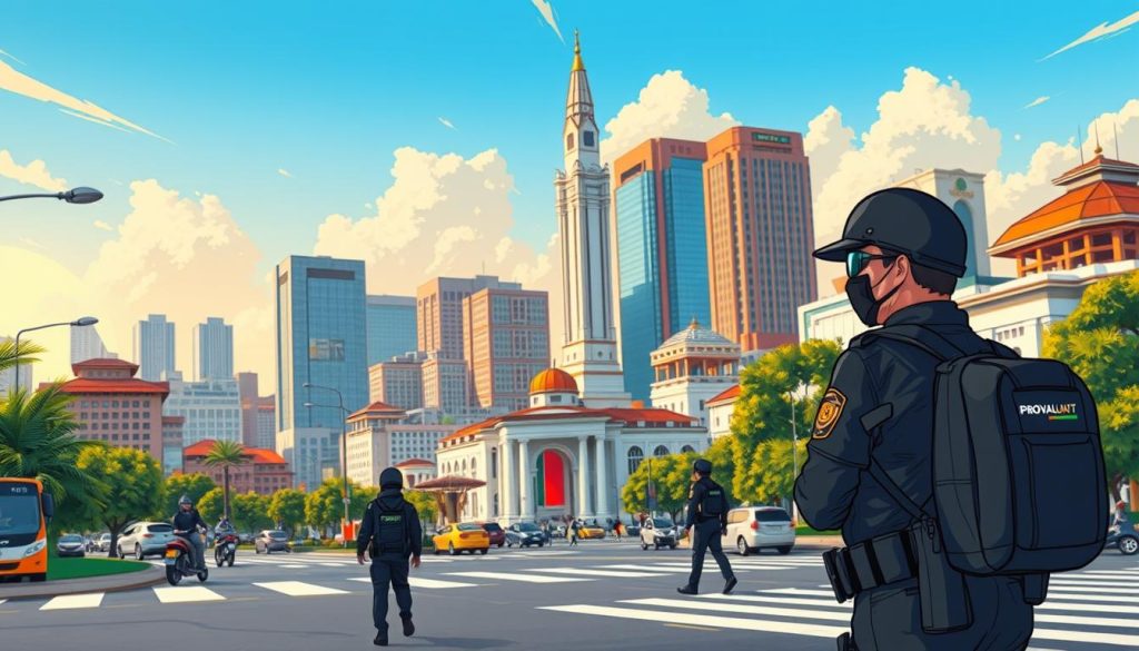 A vibrant cityscape of Jakarta, Indonesia, showcasing the country's IP enforcement mechanisms. In the foreground, Provaliant's anti-counterfeiting technology is prominently displayed, with security officers patrolling the streets. The middle ground features a bustling business district, where modern skyscrapers and traditional architecture coexist, symbolizing Indonesia's blend of innovation and heritage. In the background, the iconic Monas (National Monument) stands tall, casting a shadow over the scene, representing the government's unwavering commitment to intellectual property protection. The image is bathed in warm, golden tones, conveying a sense of progress and prosperity, with a crisp, detailed lens capturing the energy and dynamism of Indonesia's IP powerhouse.