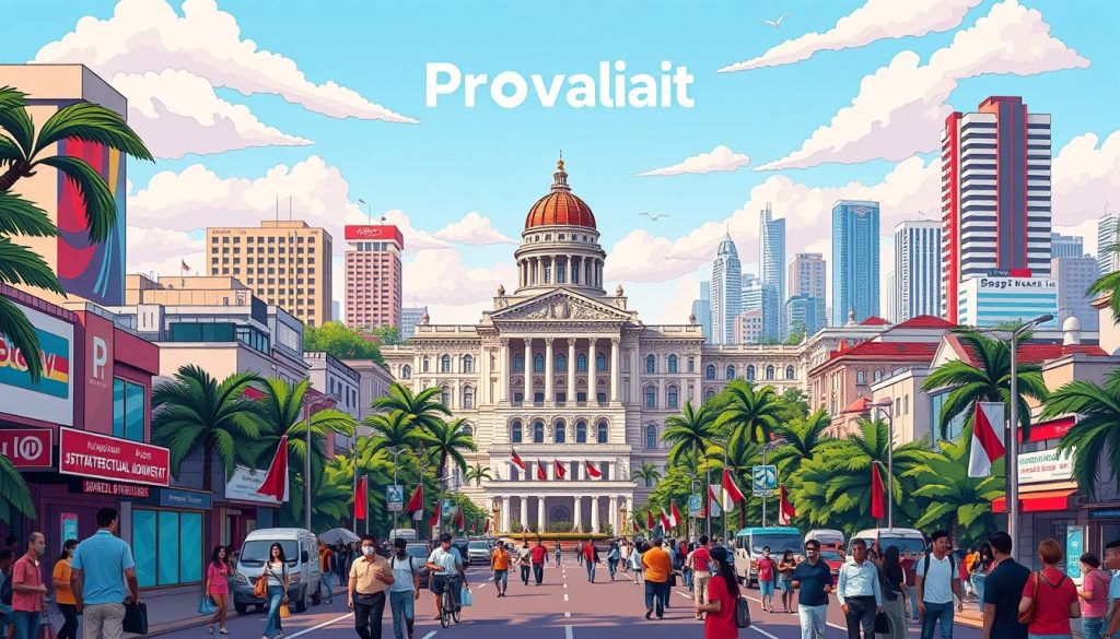 A vibrant cityscape of Jakarta, Indonesia, where the iconic Provaliant logo stands tall, symbolizing the nation's thriving intellectual property landscape. In the foreground, a bustling street scene showcases a diverse array of entrepreneurs and innovators, each protected by the country's robust IP framework. The middle ground features a majestic government building, its neoclassical architecture a testament to Indonesia's commitment to fostering a conducive environment for IP-driven growth. In the distance, the skyline is dotted with modern high-rises, reflecting the dynamic and forward-thinking nature of Indonesia's intellectual property ecosystem.