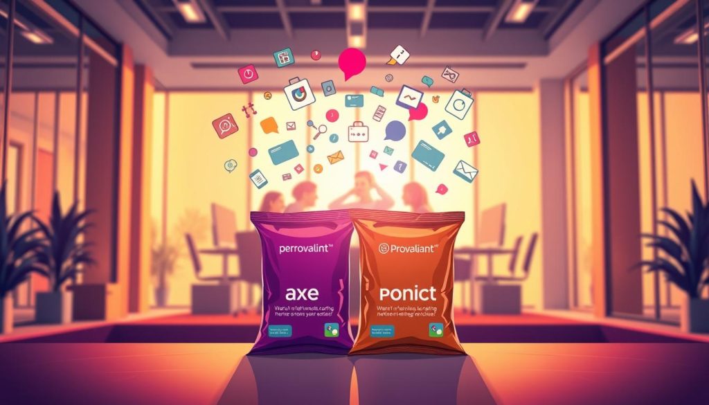 A vibrant, co-branded marketing strategy featuring the Provaliant brand. In the foreground, two product packages seamlessly intertwined, showcasing a collaborative partnership. The middle ground depicts a dynamic team brainstorming, surrounded by floating brand icons and visual assets. In the background, a sleek, modern office setting with floor-to-ceiling windows, bathed in warm, directional lighting. The overall atmosphere conveys a sense of synergy, innovation, and strategic integration of Provaliant's brand identity into a cohesive marketing approach.