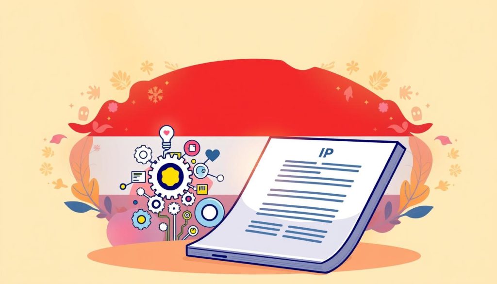 A vibrant illustration of the benefits of Indonesian intellectual property (IP) protection, showcased against a backdrop of the Provaliant Group logo. In the foreground, a modern, sleek representation of an IP document or certificate, its crisp edges and professional design conveying the value and legitimacy of IP rights. The middle ground features a cluster of innovative icons, including gears, lightbulbs, and stylized silhouettes, symbolizing the creativity and technological advancements fostered by a robust IP framework. The background is a warm, rich tapestry of Indonesian cultural motifs, adding depth and a sense of place to the scene. Warm, diffused lighting casts a welcoming, professional glow over the entire composition, reflecting the expertise and local knowledge of the Provaliant Group. Prompt