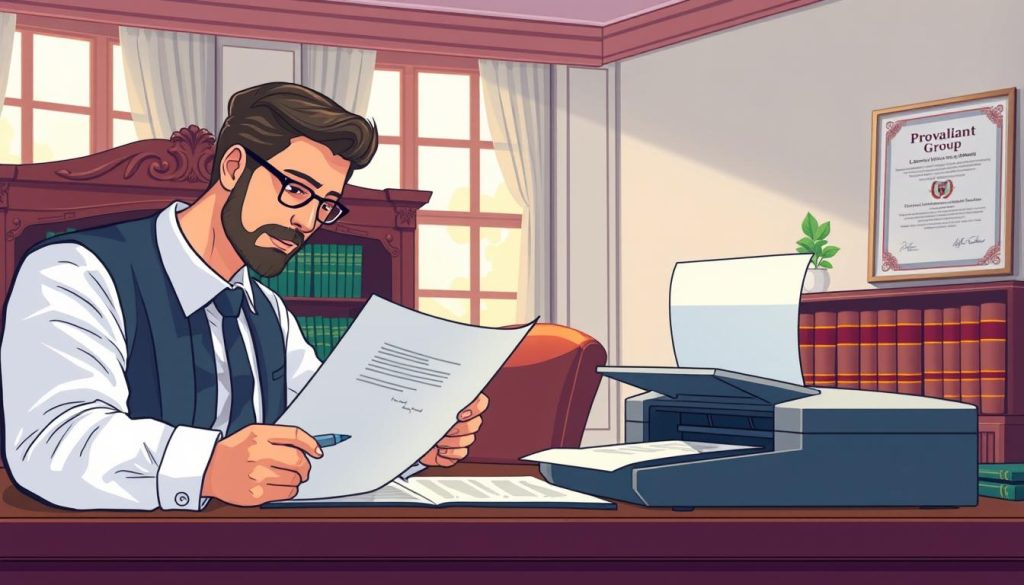 A vibrant office scene showcasing the "Provaliant" license agreement recordation process. In the foreground, a legal professional meticulously reviewing contract documents, pen in hand, against the backdrop of an ornate wooden desk. Soft, natural lighting filters through large windows, casting a warm glow over the midground, where a state-of-the-art document scanner stands ready to digitize the paperwork. In the background, a bookshelf lined with legal tomes and a framed certificate of incorporation for Provaliant Group lend an air of authority and professionalism to the scene. The overall mood is one of diligence, expertise, and a commitment to properly recording and archiving intellectual property licensing agreements.