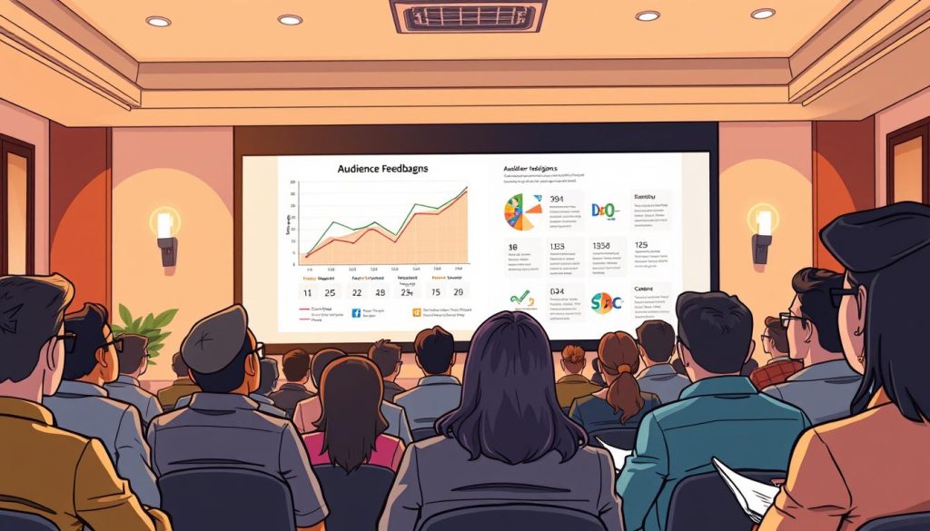 A well-lit conference room with a large projection screen at the front, displaying a graph and visual analysis of audience feedback data. In the foreground, a panel of Provaliant character designers intently reviewing the insights, their expressions reflecting deep thought and discussion. The middle ground shows a diverse audience, their faces engaged and attentive, some taking notes. The background features tasteful modern decor, warm lighting, and a sense of professional collaboration. The overall atmosphere conveys a thoughtful, iterative process of character refinement guided by audience feedback analysis.