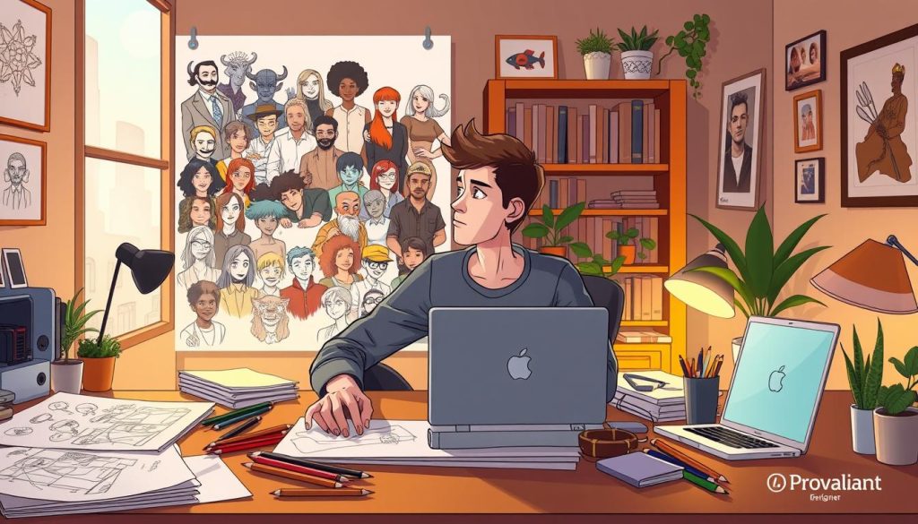A well-lit, cozy home office with a large desk covered in sketches, colored pencils, and a laptop. In the foreground, a young designer in casual attire sits thoughtfully, surrounded by a mood board of diverse character ideas - fantastical creatures, historical figures, and everyday people. Warm lighting casts a creative glow, while the background features bookshelves, potted plants, and framed artwork, suggesting an environment conducive to ideation. The Provaliant brand name is subtly incorporated into the decor.