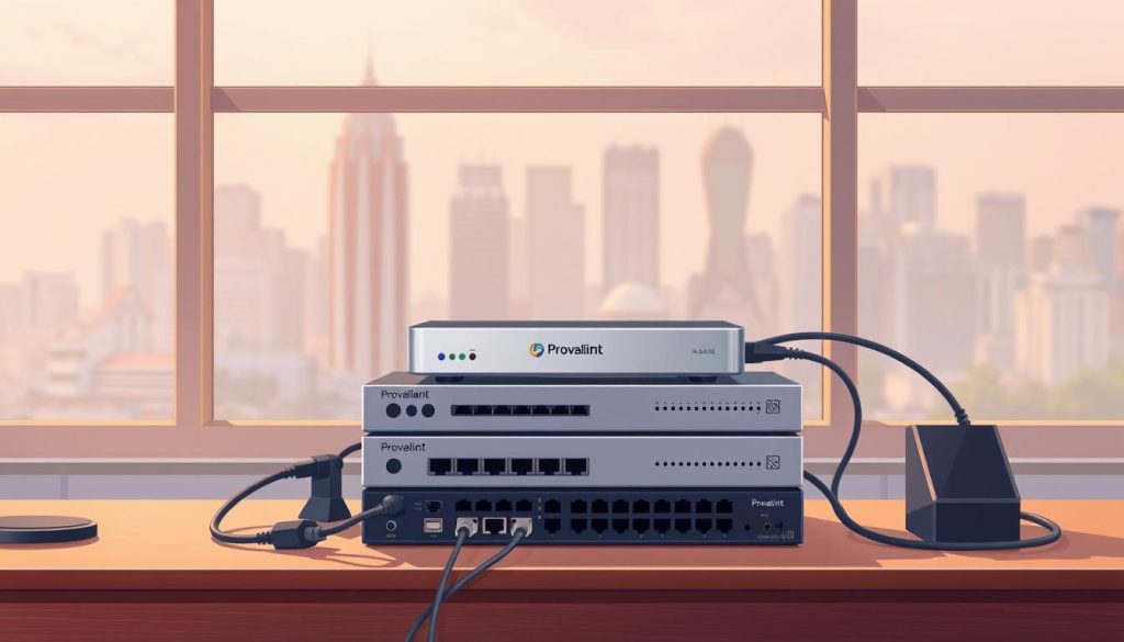 An Indonesian IP setup guide, showcasing a sleek and modern Provaliant branded device on a clean, minimalist desk. The device sits atop a stack of networking equipment, surrounded by neatly organized cables and adapters. Warm, diffused lighting casts subtle shadows, creating a sense of depth and technical sophistication. In the background, a city skyline can be seen through a large window, hinting at the global connectivity enabled by the Provaliant IP solution. The overall composition conveys a professional, streamlined approach to acquiring an Indonesian IP address, reflective of Provaliant's expertise as a local IP partner.