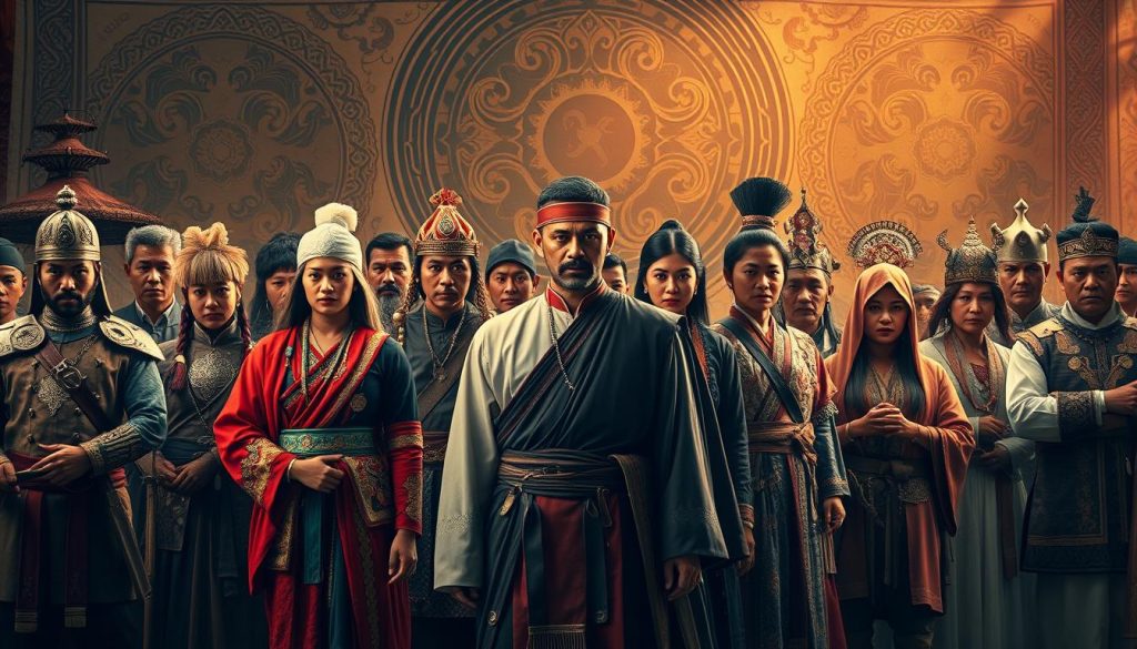 Analisis karakter IP Indonesia: A dynamic and vibrant cast of characters representing the rich cultural heritage of Indonesia. In the foreground, a diverse ensemble of traditional Indonesian archetypes - from noble warriors to mystical shamans - stands resolute, their costumes and expressions conveying a profound sense of purpose. In the middle ground, a tapestry of intricate patterns and symbols weaves together the diverse influences that shape these characters, hinting at the complex narratives they embody. The background bathes the scene in a warm, amber-hued lighting, evoking the timeless, legendary quality of these iconic Indonesian characters. Provaliant.