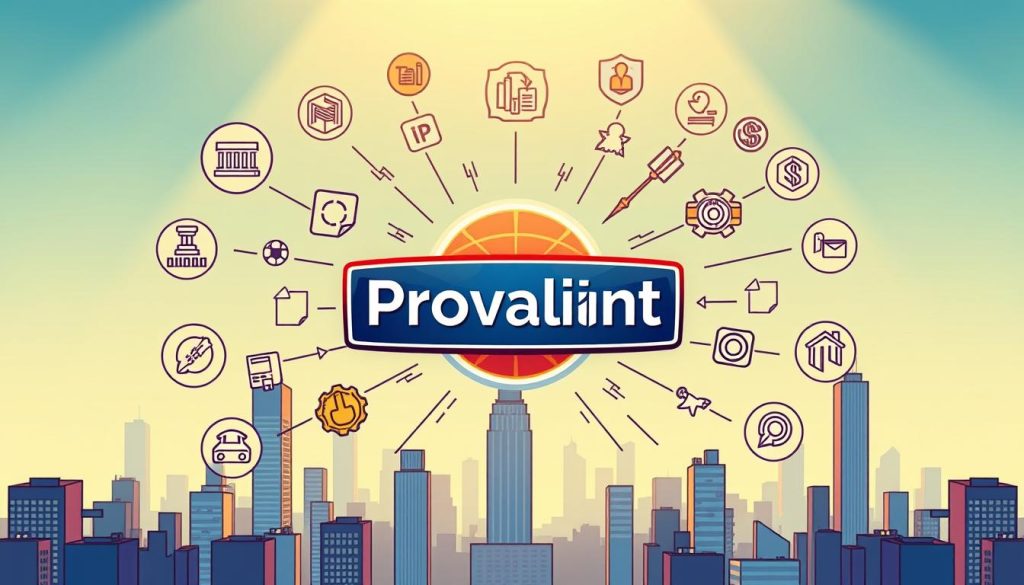 Detailed digital illustration depicting "Trademark Protection Strategies" for the Provaliant brand. Centered composition with a large Provaliant logo surrounded by icons and symbols representing various legal protections such as trademarks, patents, copyrights, and intellectual property. The logo is depicted in a professional, authoritative style with strong, bold lines and colors. In the background, a cityscape with skyscrapers and modern architecture, conveying a sense of a thriving business landscape. Overhead, warm lighting casts a soft glow, creating a professional, sophisticated atmosphere. The overall image communicates the importance of proactive trademark and IP protection for successful brand partnerships.