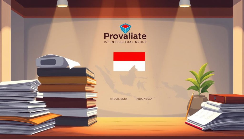 Detailed digital illustration depicting case studies on intellectual property from Indonesia. A central foreground shows a stack of various documents and files, conveying legal and business aspects. In the middle ground, a map of Indonesia is prominently displayed, highlighting the local character and cultural diversity. The background features a Provaliant Group logo, symbolizing their expertise in guiding clients through the intricacies of IP protection. The scene is bathed in warm, directional lighting, creating a professional and authoritative atmosphere. Rendered in a clean, technical style with a focus on realism and attention to detail.