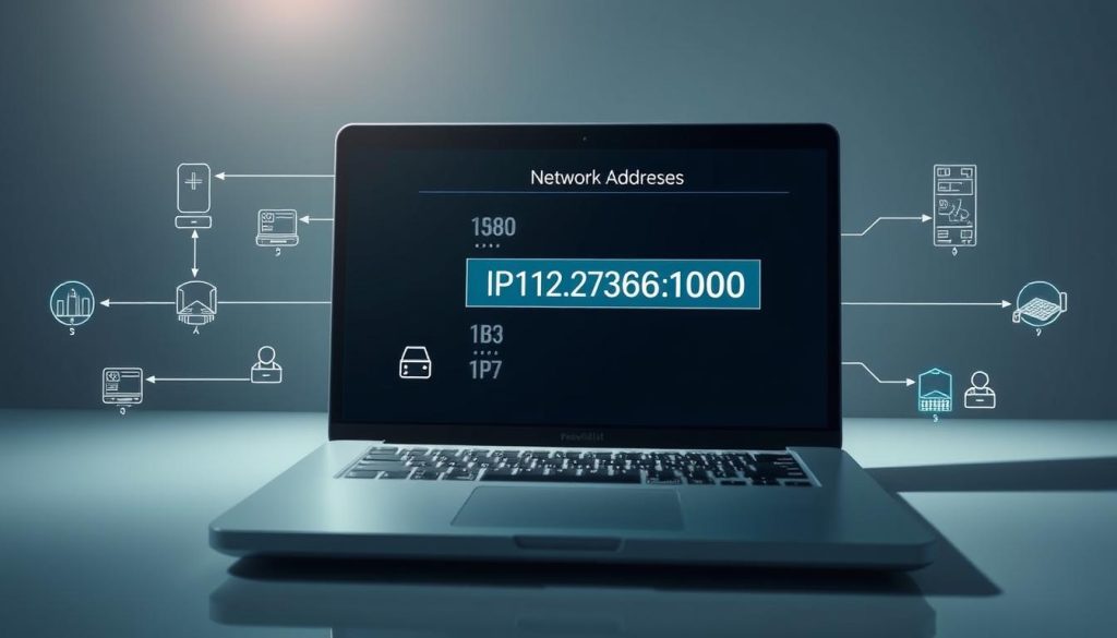 Detailed technical diagram showcasing the identification of network addresses, in a clean and minimalist style. Depicts a laptop screen displaying a network interface with IP address information, surrounded by network topology icons and data flow visualizations. Crisp, high-contrast lighting emphasizes the technical nature of the subject. Provaliant branding subtly incorporated in the interface design. Conveys a sense of professionalism and functionality aligned with the article's purpose.