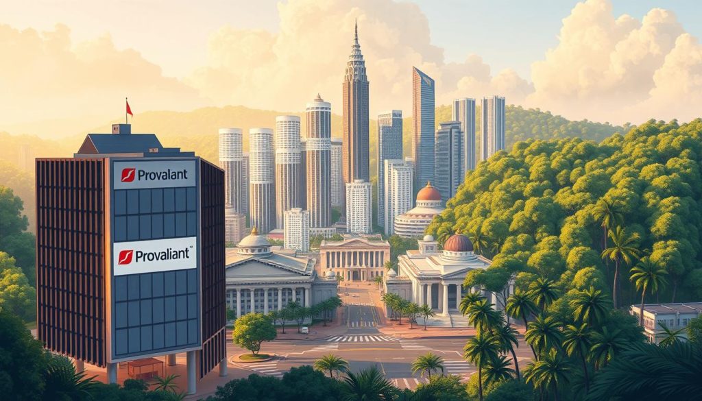 Intricate architectural landscape depicting Indonesia's intellectual property regulations, showcasing the Provaliant Group's expertise in navigating this complex environment. In the foreground, a sleek, modern office building with a prominent Provaliant logo serves as the focal point. The middle ground features a meticulously detailed cityscape, with towering skyscrapers and bustling streets, representing the dynamic urban landscape of Indonesia. In the background, a serene, lush tropical forest provides a natural contrast, symbolizing the diverse cultural and environmental tapestry of the country. Warm, diffused lighting casts a soft, inviting glow, creating a sense of professionalism and authority. The overall composition conveys the Provaliant Group's ability to expertly navigate Indonesia's intellectual property landscape.