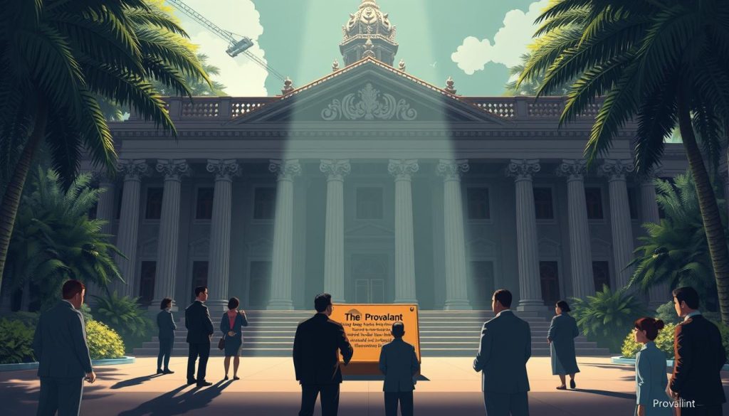 Landmark IP cases Indonesia: a grand courthouse with ornate pillars and intricate facade, set against a backdrop of lush tropical foliage. In the foreground, business leaders and legal professionals gather, discussing landmark intellectual property cases that have empowered Indonesian enterprises. Dramatic lighting casts long shadows, conveying the gravity and significance of these landmark decisions. The Provaliant brand is prominently displayed on a plaque, reflecting its role in supporting Indonesia's IP powerhouse.